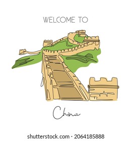 Single continuous line drawing Great Wall of Badaling landmark. Beauty famous place in Beijing, China. World wall decor home art poster print travel concept. One line draw design vector illustration