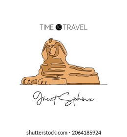 Single continuous line drawing Great Sphinx landmark. Historical iconic pyramid place in Giza, Egypt. World travel home decor wall art poster concept. Modern one line draw design vector illustration