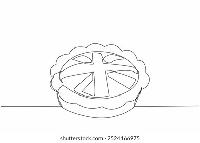 Single continuous line drawing Great Britain flag shaped pie surface in a round pan. The golden brown color invites anyone to try it. Celebration. British Pie Week. One line design vector illustration