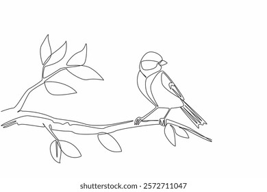 Single continuous line drawing great tit bird perched on a tree branch with leaves. The lively and colorful chirper. The songbird. International Dawn Chorus Day. One line design vector illustration