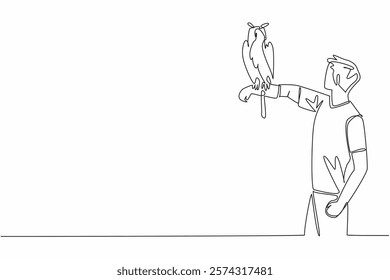 Single continuous line drawing great horned owl perched on hand of man. Ears resembling horns. The most ferocious predator can prey on large prey. Man Holding Bird. One line design vector illustration