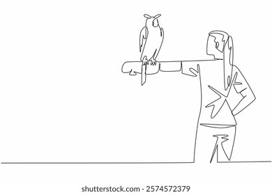 Single continuous line drawing the great horned owl perched on hand of woman. It has large and striking ear tufts. King of all owls. The owl. Woman Holding Bird. One line design vector illustration