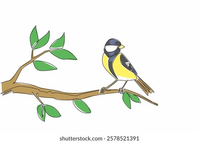 Single continuous line drawing great tit bird perched on a tree branch with leaves. The lively and colorful chirper. The songbird. International Dawn Chorus Day. One line design vector illustration