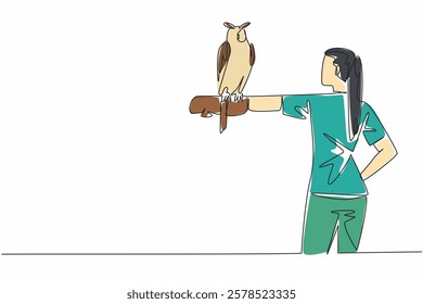 Single continuous line drawing the great horned owl perched on hand of woman. It has large and striking ear tufts. King of all owls. The owl. Woman Holding Bird. One line design vector illustration