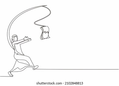 Single continuous line drawing greedy Arabian businessman or manager is running after money. Greedy man in business suit with attached rod and dollar. One line draw graphic design vector illustration