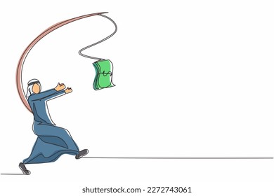 Single continuous line drawing greedy Arabian businessman or manager is running after money. Greedy man in business suit with attached rod and dollar. One line draw graphic design vector illustration