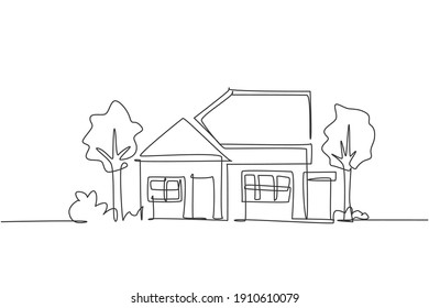 Single continuous line drawing green eco modest house at village. Home building construction isolated minimalism concept. Dynamic one line draw graphic design vector illustration on white background