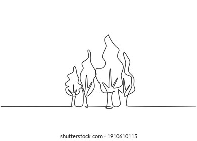 Single continuous line drawing of green frees tree for park icon. Natural plant garden isolated minimalism concept. Dynamic one line draw graphic design vector illustration on white background