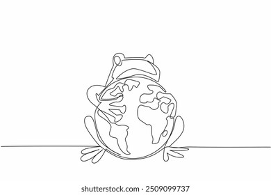 Single continuous line drawing green frog hugging globe. Special character of happy animal. Maintain and protect the earth as a natural habitat. World Frog Day. One line design vector illustration