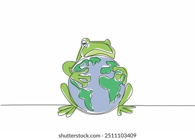 Single continuous line drawing green frog hugging globe. Special character of happy animal. Maintain and protect the earth as a natural habitat. World Frog Day. One line design vector illustration