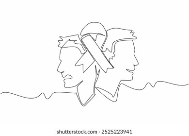Single continuous line drawing green ribbon in middle of two people with different expressions. Mental disorders. Health disorders. Mood swings. World Bipolar Day. One line design vector illustration