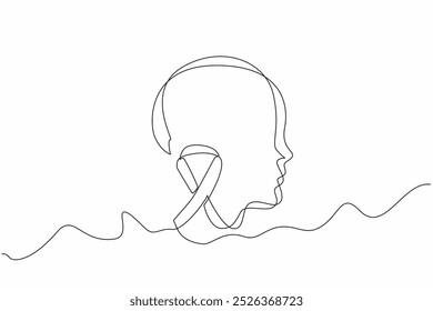 Single continuous line drawing the green ribbon and head silhouette of child. Developmental disorders. Care about them. National Cerebral Palsy Awareness Month. One line design vector illustration