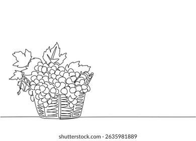 Single continuous line drawing the green and purple grapes with leaves in a woven basket. Diversity abounds at harvest time. Delicious taste. National Grape Day. One line design vector illustration