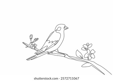 Single continuous line drawing the greenfinch bird perched on a tree branch with leaves and flowers. The songbird that eats seeds. International Dawn Chorus Day. One line design vector illustration