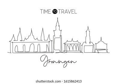 Single continuous line drawing of Groningen city skyline, Netherlands. Famous skyscraper and landscape postcard. World travel concept wall decor poster. Modern one line draw design vector illustration