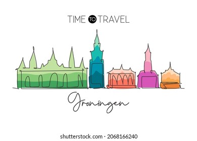 Single continuous line drawing of Groningen city skyline, Netherlands. Famous skyscraper and landscape postcard. World travel concept wall decor poster. Modern one line draw design vector illustration