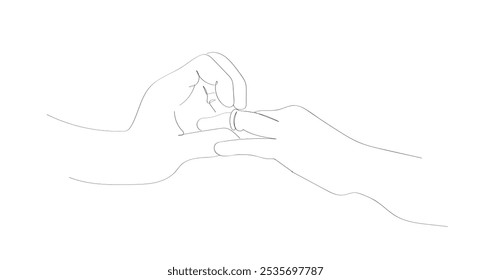 Single continuous line drawing The groom wears a ring to the bride at the wedding ceremony. Couple wearing wedding ring at wedding day of them. Hand made vector not AI.