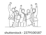 Single continuous line drawing group of male manager and female manager celebrating their success achieve the business target. Team work goal concept. One line draw graphic design vector illustration