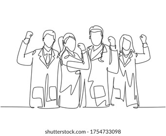 Single continuous line drawing of group of male doctor and female doctor celebrate their success cure patient at hospital. Medical healthcare service concept one line draw design vector illustration