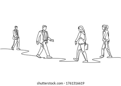 Single continuous line drawing of group urban commuters walking pass over and over again on city street go to the office. Urban commuter workers concept one line draw design vector illustration