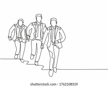 Single continuous single line drawing group of urban commuter workers running to get to the office on time. Urban employee in a rush concept. Modern one line draw design vector graphic illustration