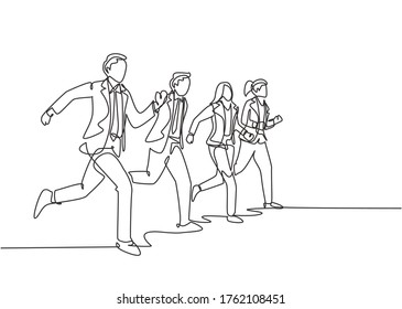 Single continuous single line drawing group of urban commuter workers walking and running to get to the office on time. Urban employee in a rush concept one line draw design vector illustration