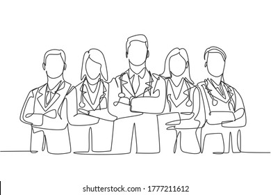 Single continuous single line drawing group of young promising doctor posing standing and cross hands on chest together at hospital. Medical teamwork concept one line draw design vector illustration