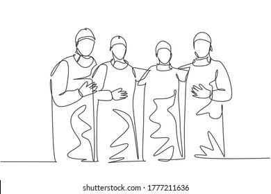Single continuous single line drawing group of surgeon doctors standing and posing after do operating surgery at hospital. Medical care treatment concept one line draw design vector illustration