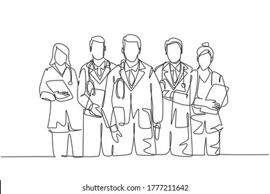 Single continuous single line drawing group of talented male and female doctors standing and posing together at hospital. Medical health care treatment concept one line draw design vector illustration