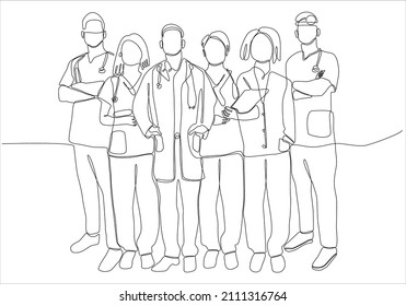 Single continuous single line drawing group of talented male and female doctors standing and posing together at hospital. Medical health care treatment concept one line draw design vector illustration