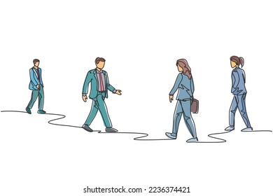 Single continuous line drawing of group urban commuters walking pass over and over again on city street go to the office. Urban commuter workers concept one line draw design vector illustration