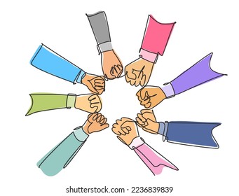 Single continuous line drawing group of young business people unite their hands together to form a circle shape as a unity symbol. Teamwork concept one line draw graphic design vector illustration