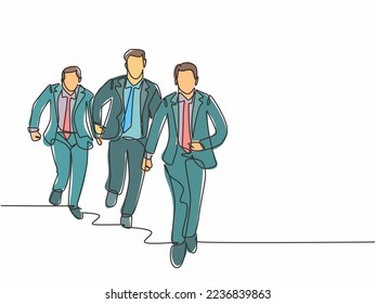 Single continuous single line drawing group of urban commuter workers running to get to the office on time. Urban employee in a rush concept. Modern one line draw design vector graphic illustration