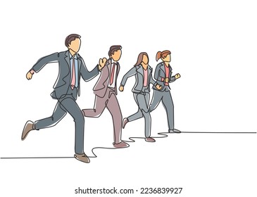 Single continuous single line drawing group of urban commuter workers walking and running to get to the office on time. Urban employee in a rush concept one line draw design vector illustration