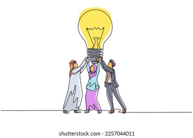 Single continuous line drawing group Arabian people hold huge lamp new idea. Success in business rely on teamwork, good planning, finding creative solution. One line draw design vector illustration