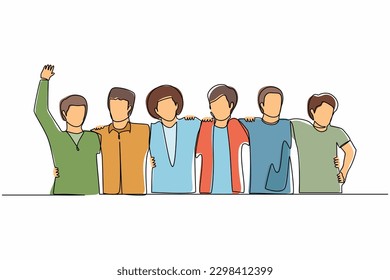 Single continuous line drawing group of young men are hugging. Male together. Happy friendship day with diverse friends of people hugging together. One line draw graphic design vector illustration