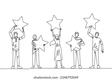 Single continuous line drawing a group of three men and two women raised their respective stars. Give positive feedback and the best review. 5 star. Online shop. One line design vector illustration