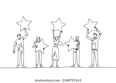 Una sola línea continua dibujando un grupo de tres mujeres y dos hombres elevaron sus respectivas estrellas. Dar una respuesta positiva y la mejor revisión. 5 estrellas. Tienda en línea. Ilustración vectorial de diseño de una línea