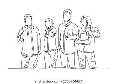 Single continuous line drawing group of happy college students giving thumbs up gesture after studying together at campus library. Learn and study in university life. One line draw vector illustration