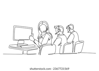 Single continuous line drawing group of male and female call center workers sitting in front of computer with thumbs up gesture. Customer service business. One line graphic design vector illustration