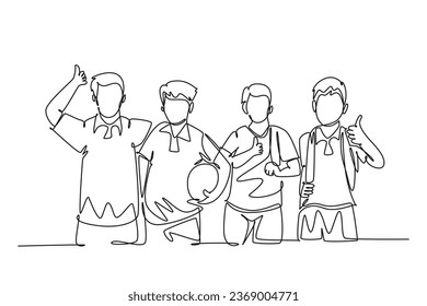 Un único grupo de dibujo de línea continua de jóvenes y niñas felices de un estudiante de escuela primaria cargando bolsas y dando gestos de aprobación. Educación. ilustración vectorial de diseño gráfico de una línea