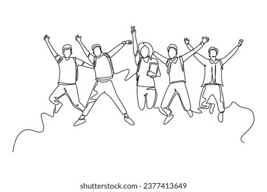 Single continuous line drawing group young happy male and female college student jumping to celebrate their final exam result. Education celebration. One line draw graphic design vector illustration