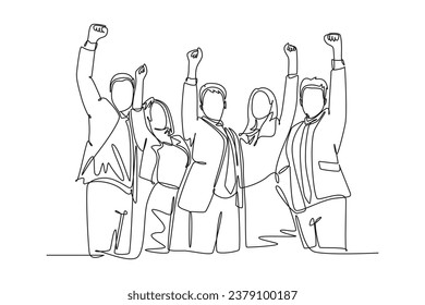 Single continuous line drawing group of male manager and female manager celebrating their success achieve the business target. Team work goal concept. One line draw graphic design vector illustration