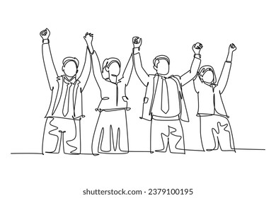 Single continuous line drawing of group of male manager and female manager hold hands each other to celebrate their success win tender. Team work goal. One line draw graphic design vector illustration