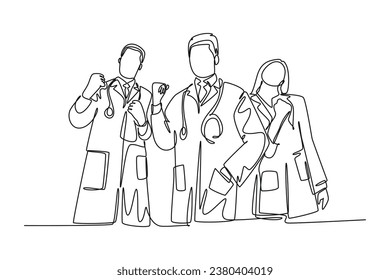 Un único grupo de dibujo continuo de un médico masculino y una doctora femenina celebrando a su paciente curador exitoso. Concepto de servicios de atención médica. ilustración vectorial de diseño gráfico de una línea