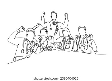 Single continuous line drawing group of male and female doctor celebrating their successful cure patient. Medical health care services concept. Dynamic one line draw graphic design vector illustration