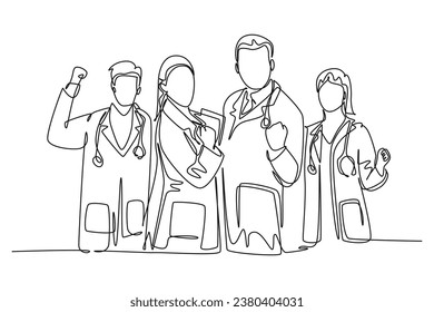 Single continuous line drawing group of male doctor and female doctor celebrate their success cure patient at hospital. Medical healthcare service. Dynamic one line graphic design vector illustration