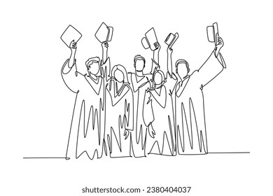 Single continuous line drawing group of male and female college student lift up their cap to the air to celebrate their school graduation. Education. One line draw graphic design vector illustration