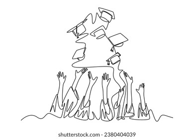 Single continuous line drawing of group of college student throw their cap to the air to celebrate school graduation. Undergraduate education concept. One line draw graphic design vector illustration