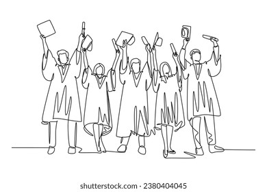 Single continuous line drawing group of male and female college student lift up their cap to the air to celebrate their school graduation. Education. One line draw graphic design vector illustration
